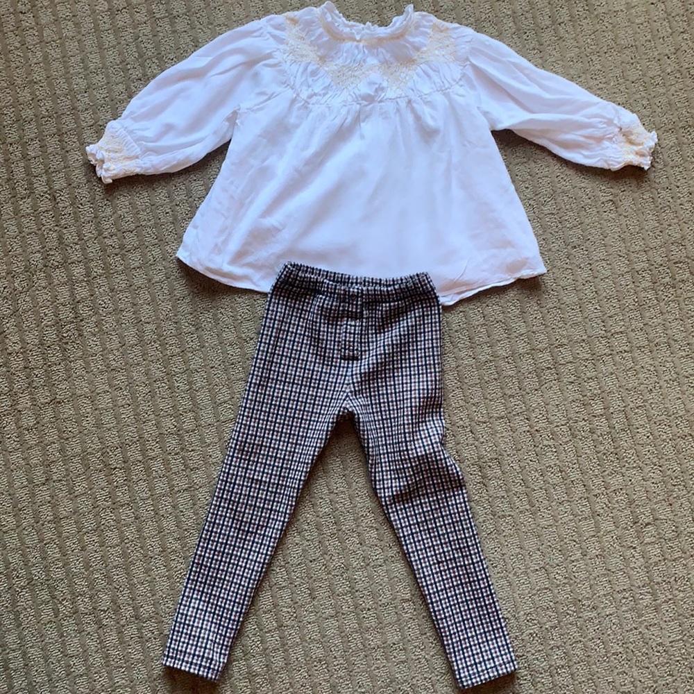 Zara outfit 4-5 girls so sweet! White blouse. Plaid pants.